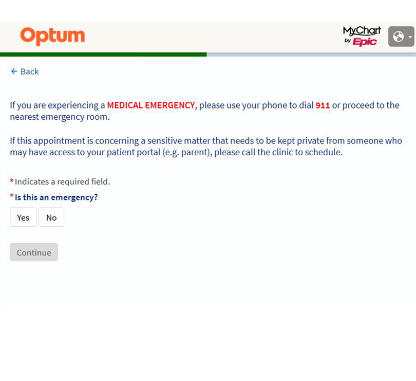 If you are NOT experiencing a medical emergency, please select 'no' to proceed.
