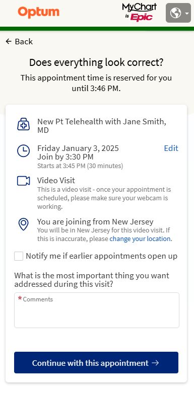 Once a provider and time slot have been selected, you will be asked to review your appointment details and confirm that everything looks correct.