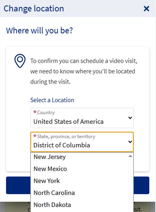 Using the dropdown, please choose the state where you will be physically located at the time of your appointment. You must be physically located in the same state that your provider is practicing.
