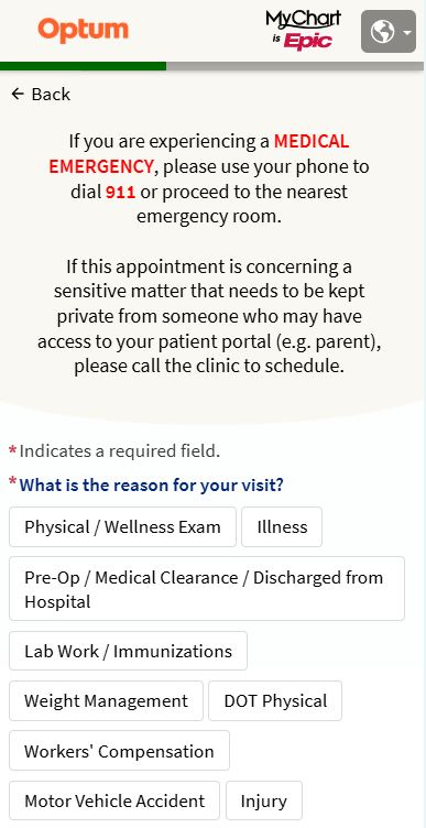 Please select the appropriate visit reason from the options.